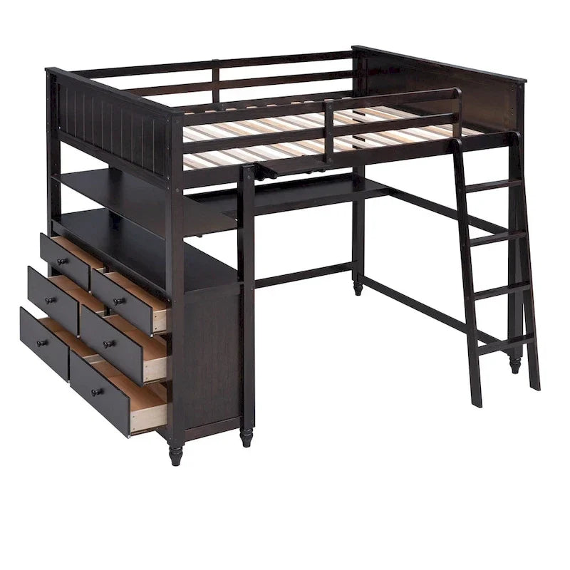Full Size Loft Bed with Drawers and Desk, Wooden Loft Bed with Shelves