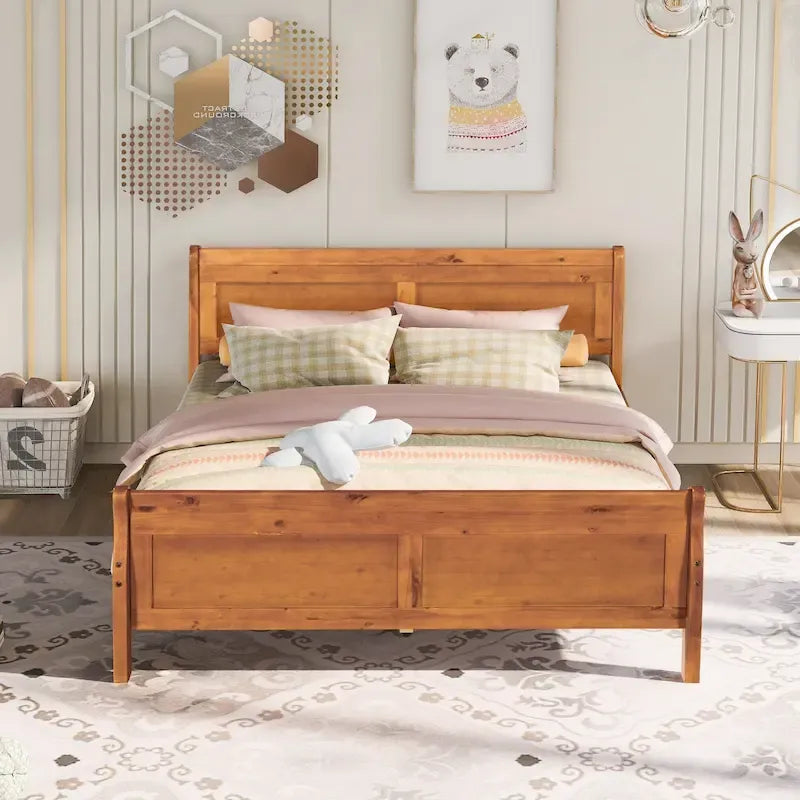 Letto matrimoniale a piattaforma in legno con testiera e supporto a doghe in legno, quercia