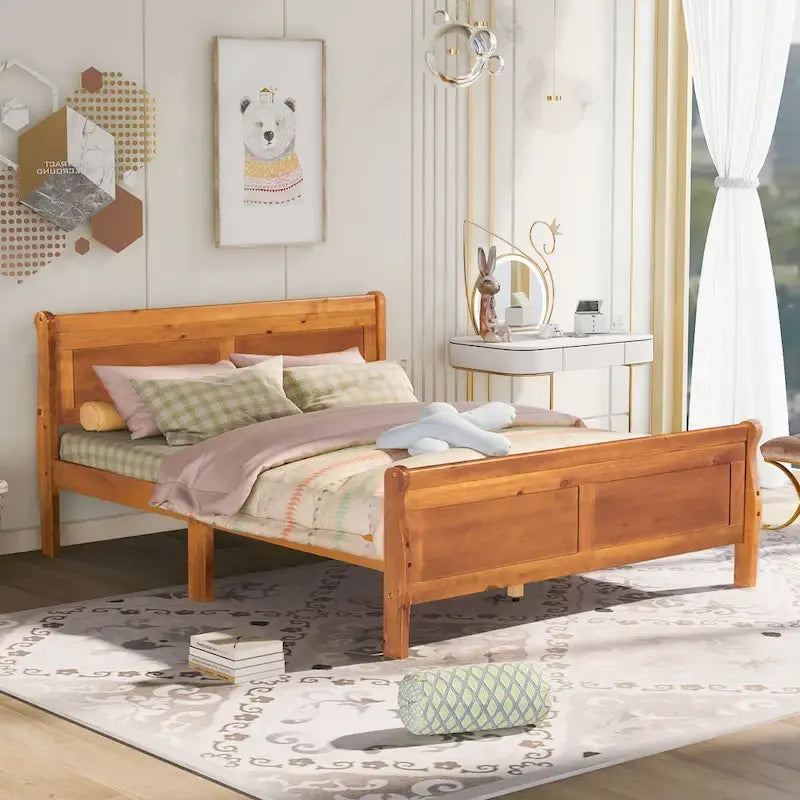 Letto matrimoniale a piattaforma in legno con testiera e supporto a doghe in legno, quercia