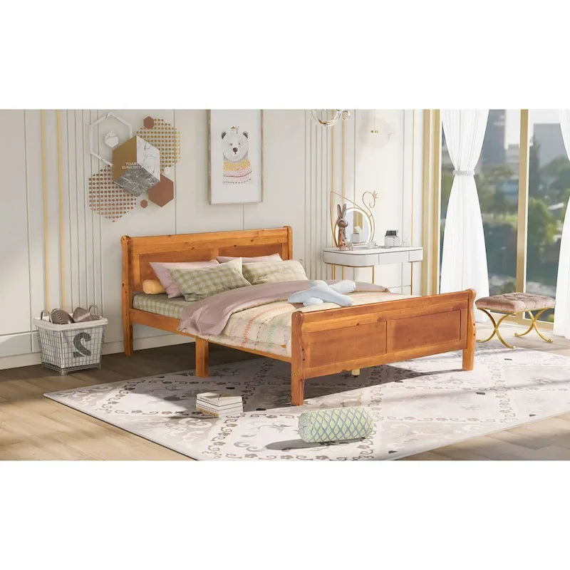 Letto matrimoniale a piattaforma in legno con testiera e supporto a doghe in legno, quercia