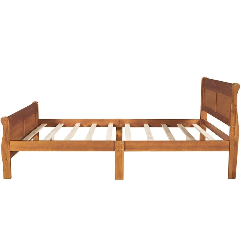 Letto matrimoniale a piattaforma in legno con testiera e supporto a doghe in legno, quercia