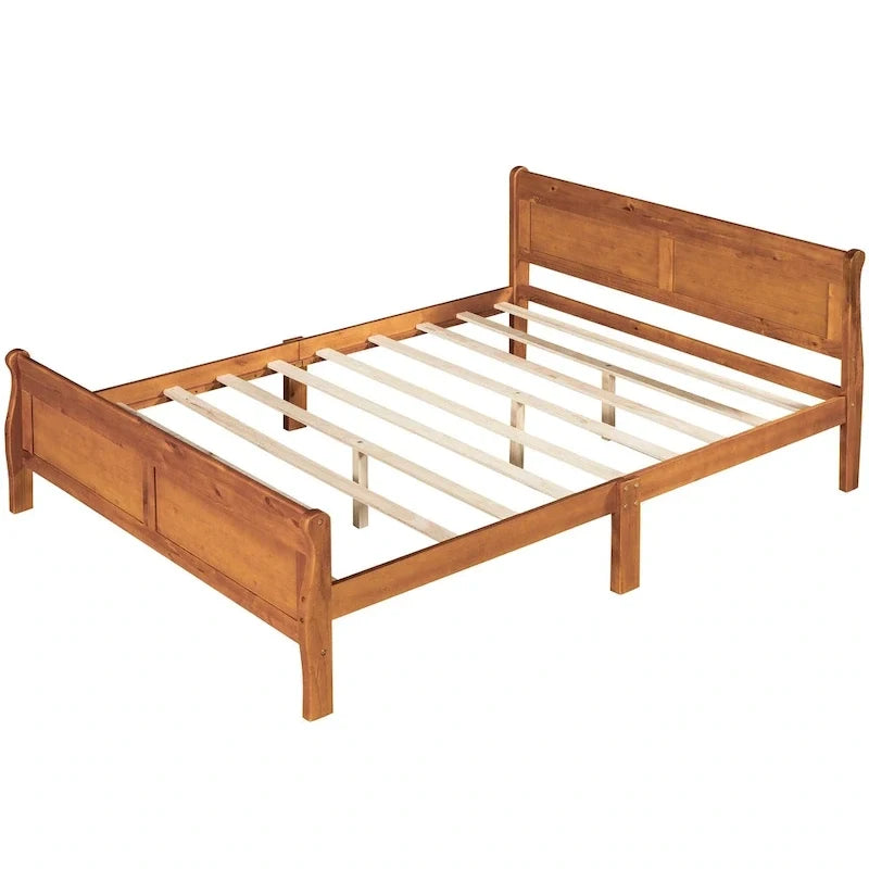 Letto matrimoniale a piattaforma in legno con testiera e supporto a doghe in legno, quercia