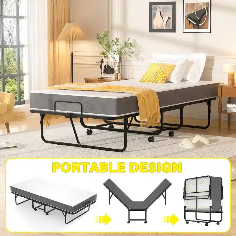 Letto pieghevole con materasso in memory foam da 5 pollici, letto singolo compatto aggiuntivo per ospiti con ruote