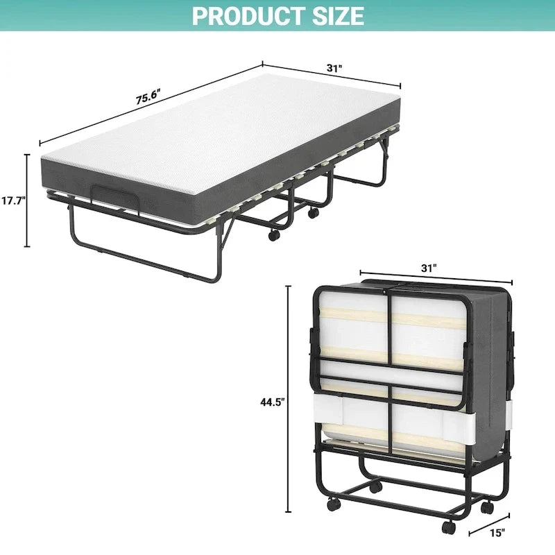 Letto pieghevole con materasso in memory foam da 5 pollici, letto singolo compatto aggiuntivo per ospiti con ruote