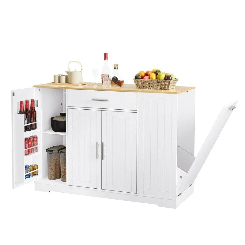Isola contenitore da cucina da 53 pollici con cassetti e pattumiera integrata, design moderno in stile rustico per cucina e sala da pranzo.