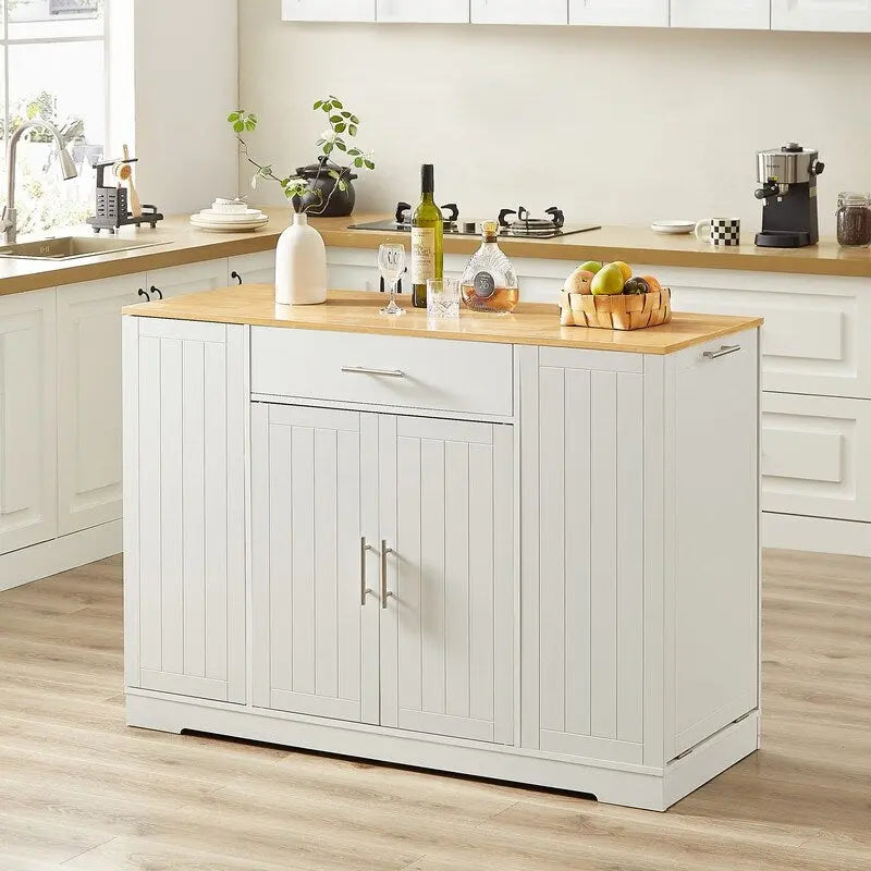 Isola contenitore da cucina da 53 pollici con cassetti e pattumiera integrata, design moderno in stile rustico per cucina e sala da pranzo.