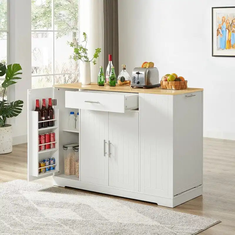 Isola contenitore da cucina da 53 pollici con cassetti e pattumiera integrata, design moderno in stile rustico per cucina e sala da pranzo.