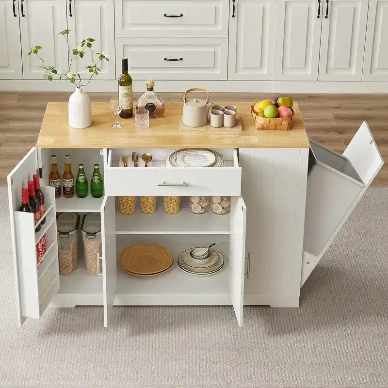 Isola contenitore da cucina da 53 pollici con cassetti e pattumiera integrata, design moderno in stile rustico per cucina e sala da pranzo.