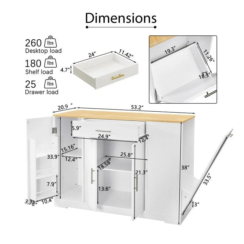 Isola contenitore da cucina da 53 pollici con cassetti e pattumiera integrata, design moderno in stile rustico per cucina e sala da pranzo.