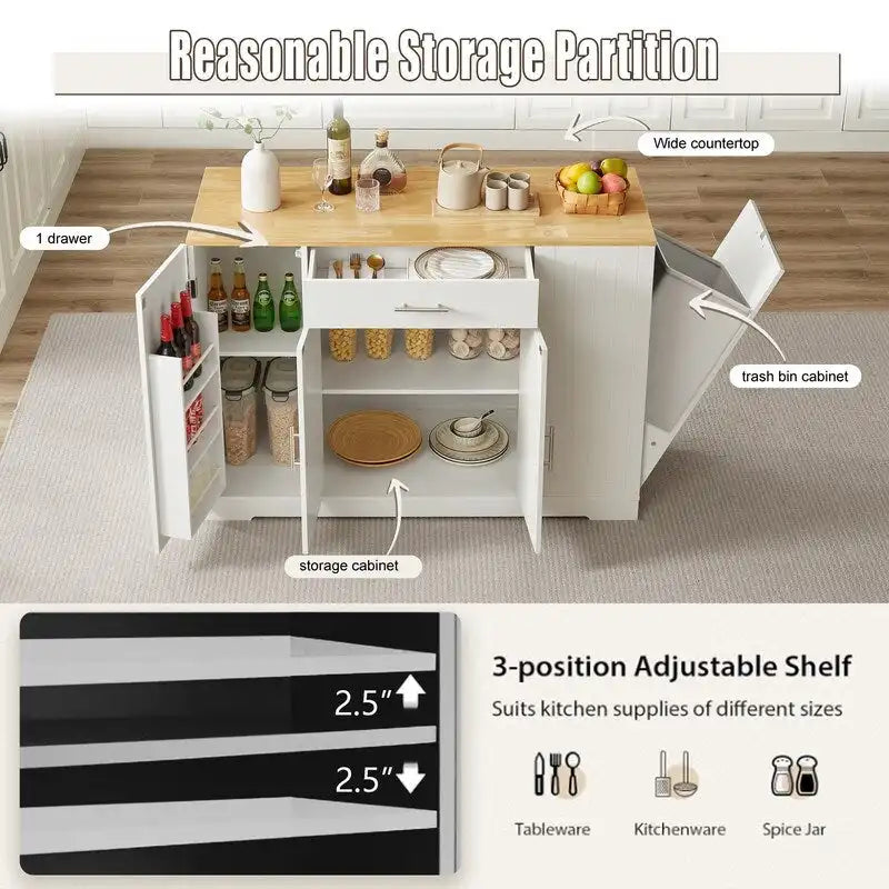 Isola contenitore da cucina da 53 pollici con cassetti e pattumiera integrata, design moderno in stile rustico per cucina e sala da pranzo.