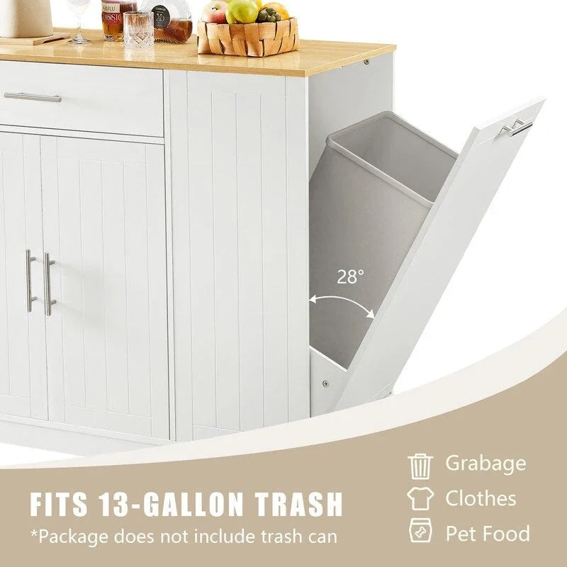 Isola contenitore da cucina da 53 pollici con cassetti e pattumiera integrata, design moderno in stile rustico per cucina e sala da pranzo.
