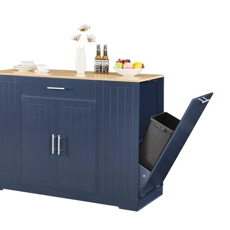 Isola contenitore da cucina da 53 pollici con cassetti e pattumiera integrata, design moderno in stile rustico per cucina e sala da pranzo.