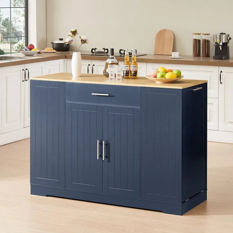 Isola contenitore da cucina da 53 pollici con cassetti e pattumiera integrata, design moderno in stile rustico per cucina e sala da pranzo.
