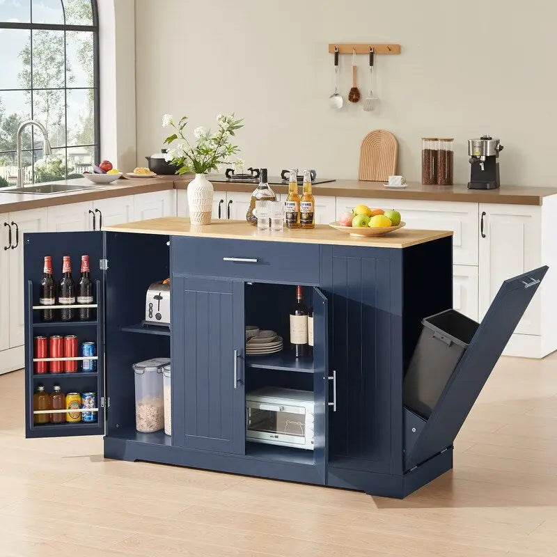 Isola contenitore da cucina da 53 pollici con cassetti e pattumiera integrata, design moderno in stile rustico per cucina e sala da pranzo.