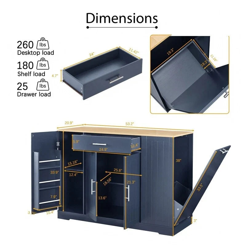 Isola contenitore da cucina da 53 pollici con cassetti e pattumiera integrata, design moderno in stile rustico per cucina e sala da pranzo.