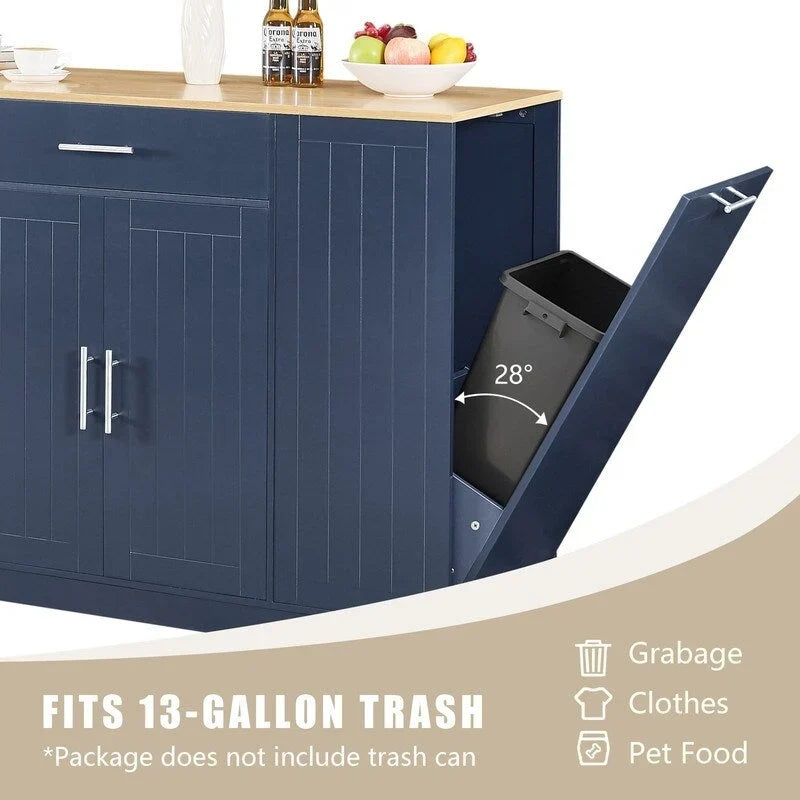 Isola contenitore da cucina da 53 pollici con cassetti e pattumiera integrata, design moderno in stile rustico per cucina e sala da pranzo.