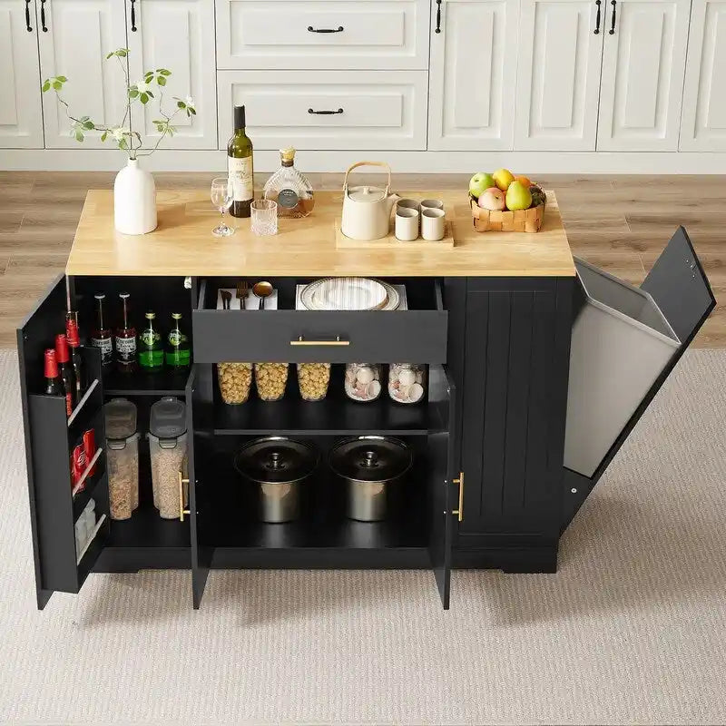 Isola contenitore da cucina da 53 pollici con cassetti e pattumiera integrata, design moderno in stile rustico per cucina e sala da pranzo.