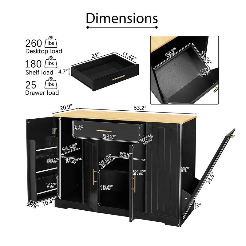 Isola contenitore da cucina da 53 pollici con cassetti e pattumiera integrata, design moderno in stile rustico per cucina e sala da pranzo.