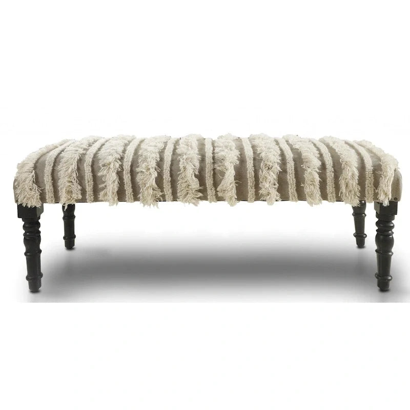 Wood Cream Cotton Upholstered Bedroom Bench Striped Pattern Nailhead Trim - 16 D X 47 W x 18 H