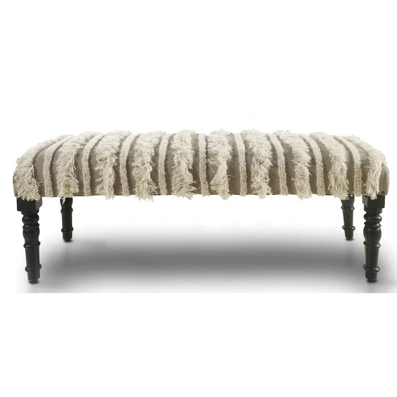 Wood Cream Cotton Upholstered Bedroom Bench Striped Pattern Nailhead Trim - 16 D X 47 W x 18 H