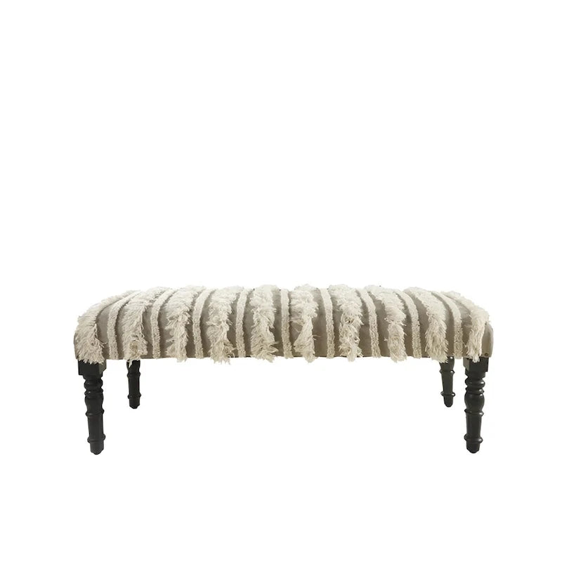 Wood Cream Cotton Upholstered Bedroom Bench Striped Pattern Nailhead Trim - 16 D X 47 W x 18 H