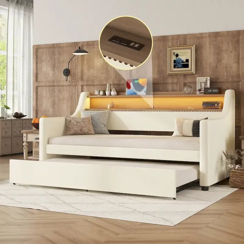 Daybed imbottito singolo con letto estraibile e LED