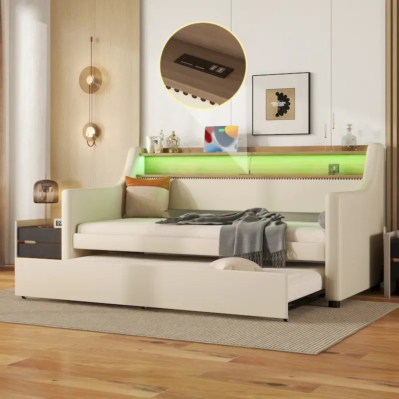 Daybed imbottito singolo con letto estraibile e LED