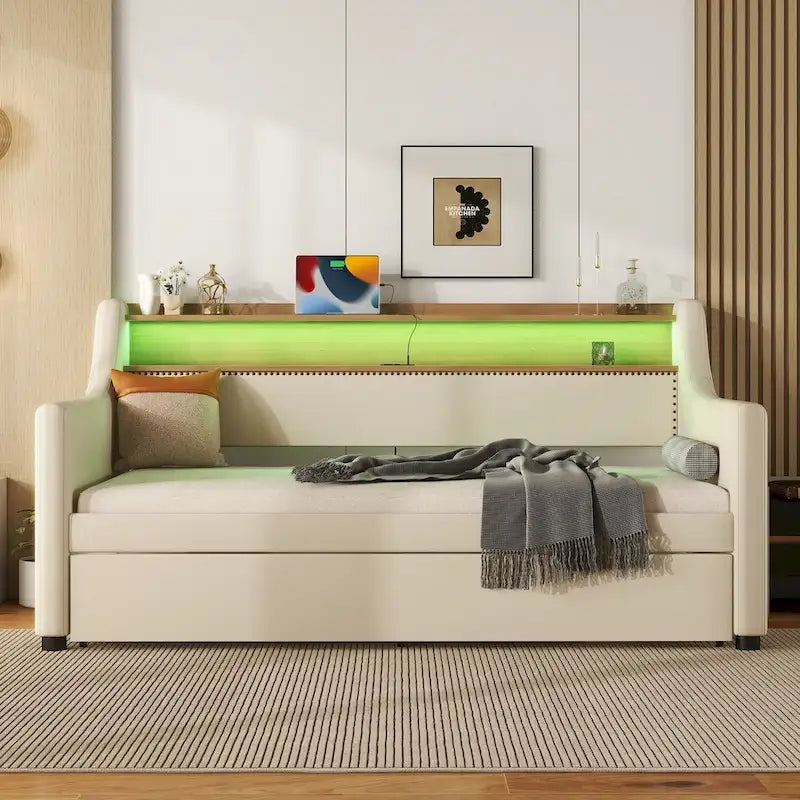 Daybed imbottito singolo con letto estraibile e LED