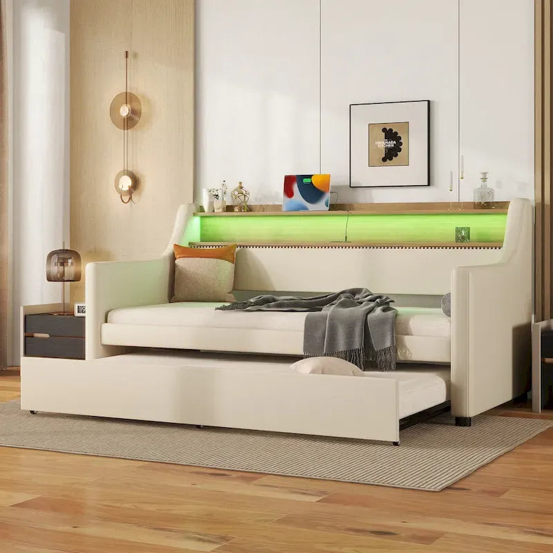 Daybed imbottito singolo con letto estraibile e LED