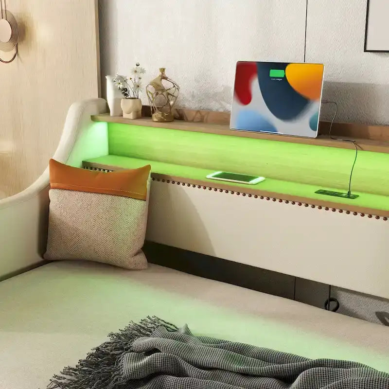 Daybed imbottito singolo con letto estraibile e LED