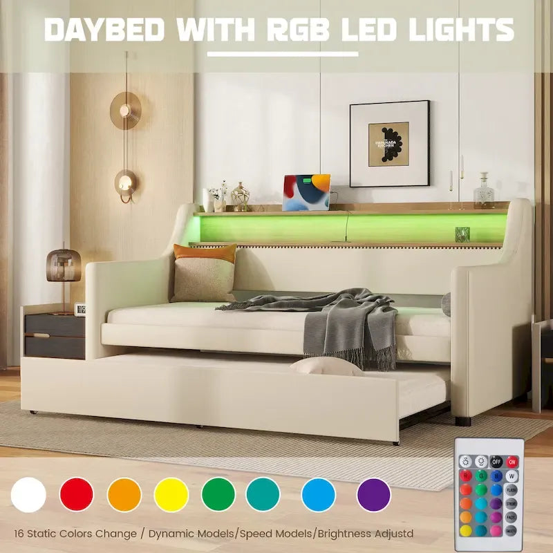 Twin Size Upholstered Daybed with Trundle and LED