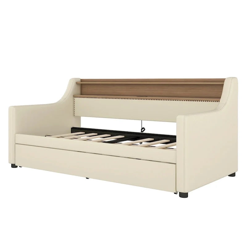 Twin Size Upholstered Daybed with Trundle and LED