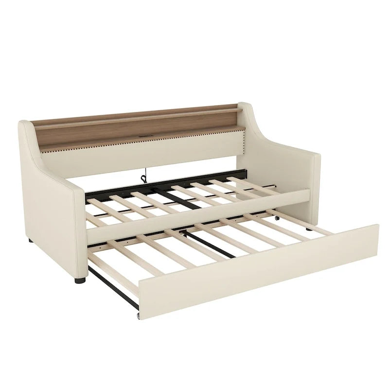 Twin Size Upholstered Daybed with Trundle and LED