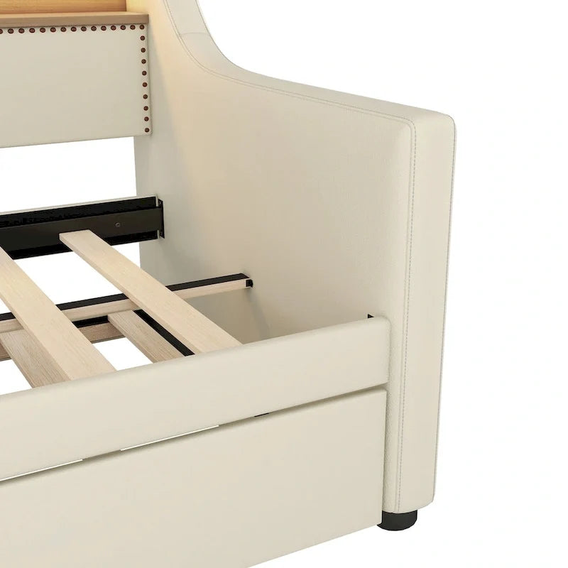 Twin Size Upholstered Daybed with Trundle and LED