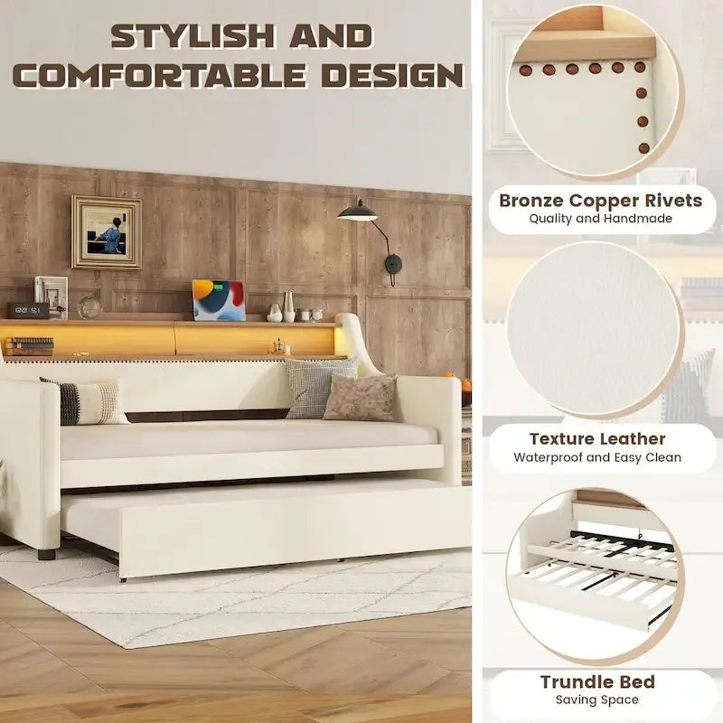 Twin Size Upholstered Daybed with Trundle and LED