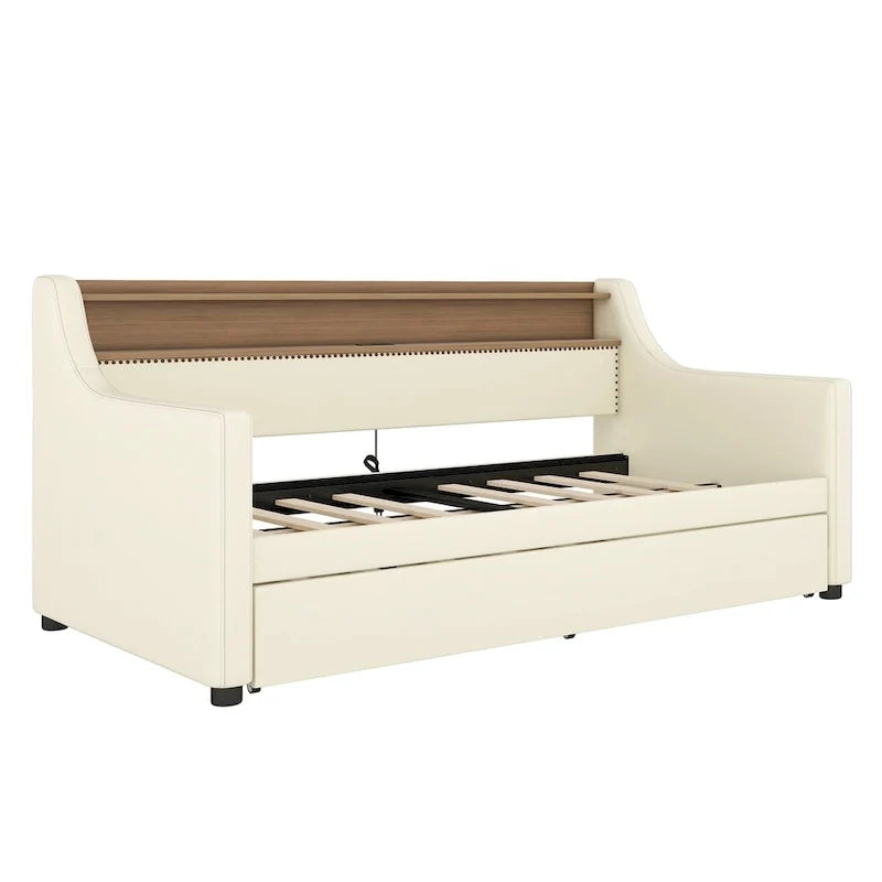 Twin Size Upholstered Daybed with Trundle and LED