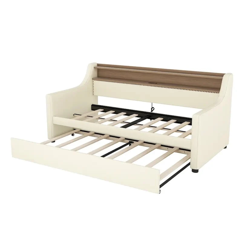 Twin Size Upholstered Daybed with Trundle and LED