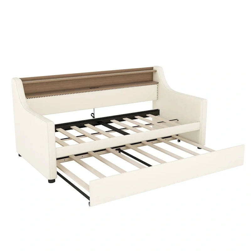 Twin Size Upholstered Daybed with Trundle and LED