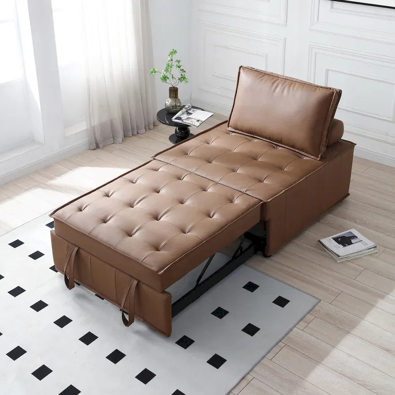 Jednoosobowa rozkładana sofa i wielofunkcyjny podnóżek z imitacji skóry o szerokości 39 cali, z regulowanym oparciem i poduszką, do salonu