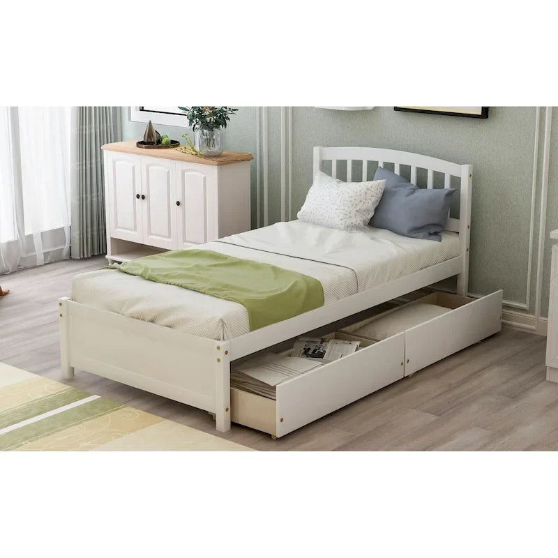 Letto a piattaforma in legno singolo con due cassetti e testiera
