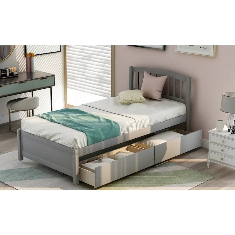 Letto a piattaforma in legno singolo con due cassetti e testiera