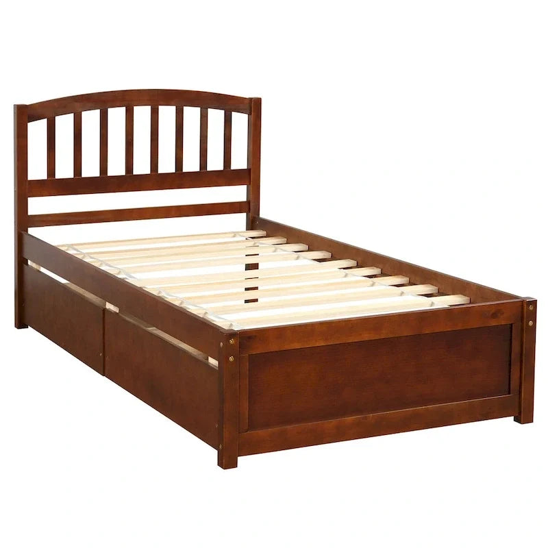 Letto a piattaforma in legno singolo con due cassetti e testiera