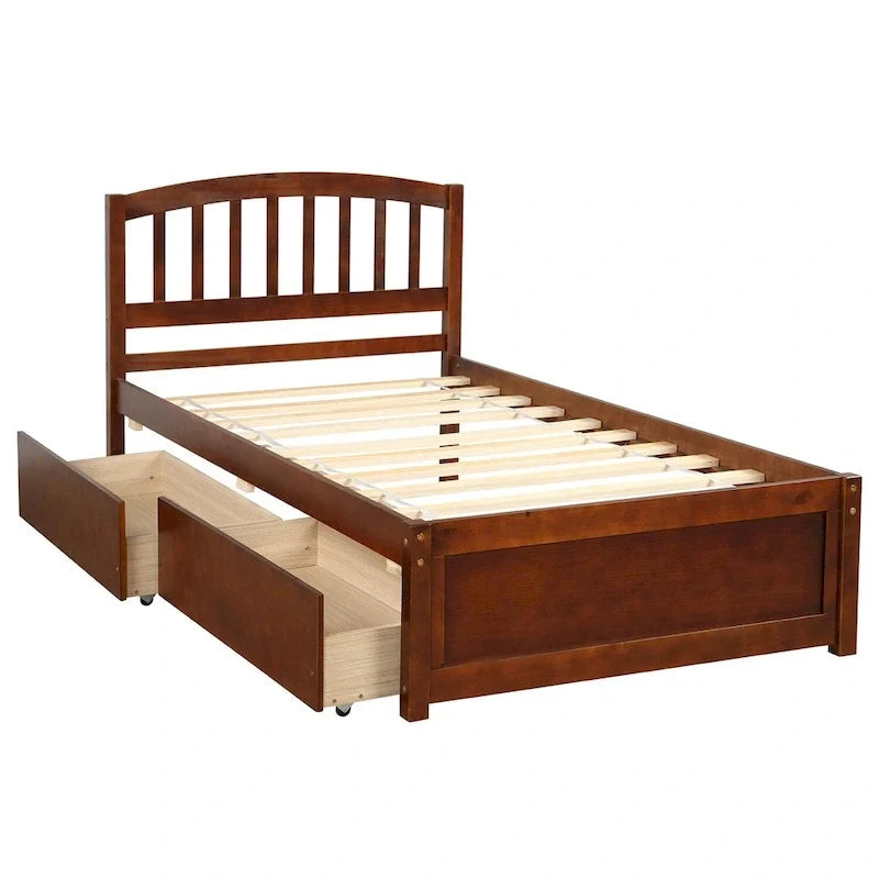 Letto a piattaforma in legno singolo con due cassetti e testiera
