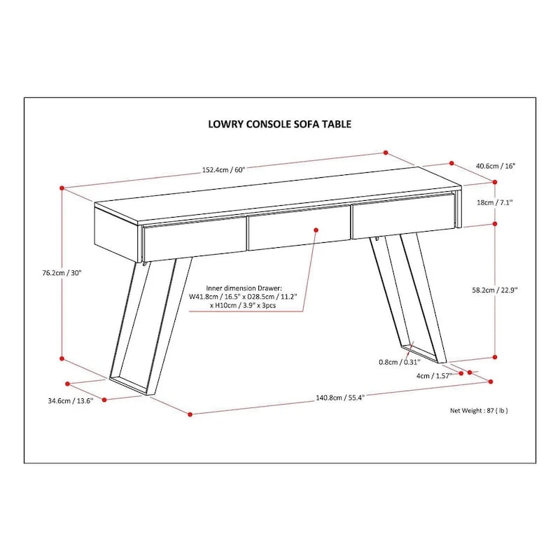 Nowoczesny industrialny stolik konsolowy do sofy o szerokości 60 cali - 60 W x 16 D x 30 H