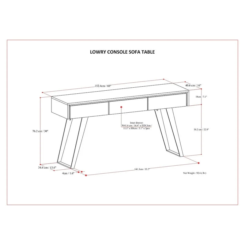 Nowoczesny industrialny stolik konsolowy do sofy o szerokości 60 cali - 60 W x 16 D x 30 H