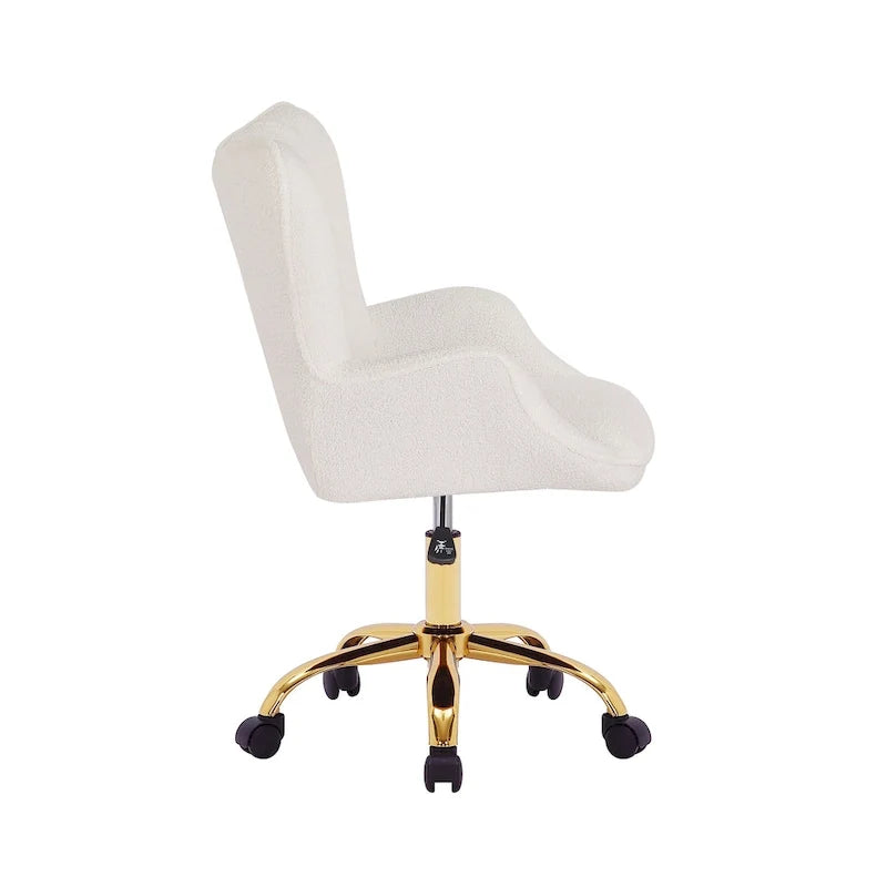 Obrotowe krzesło biurowe z tkaniny boucle, nogi w kolorze złotego chromu
