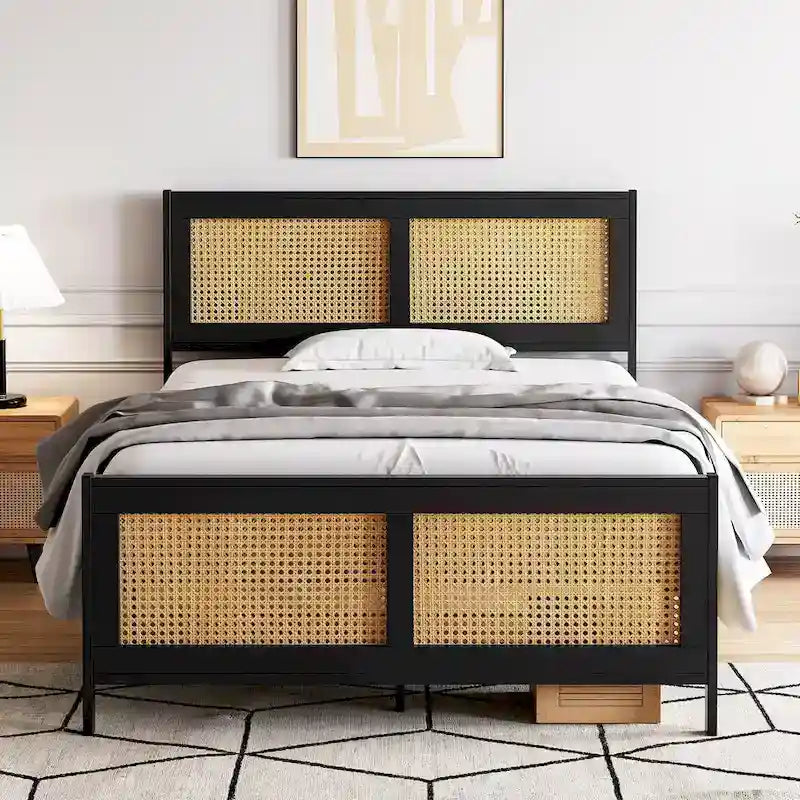 Struttura letto con testiera e pediera in rattan