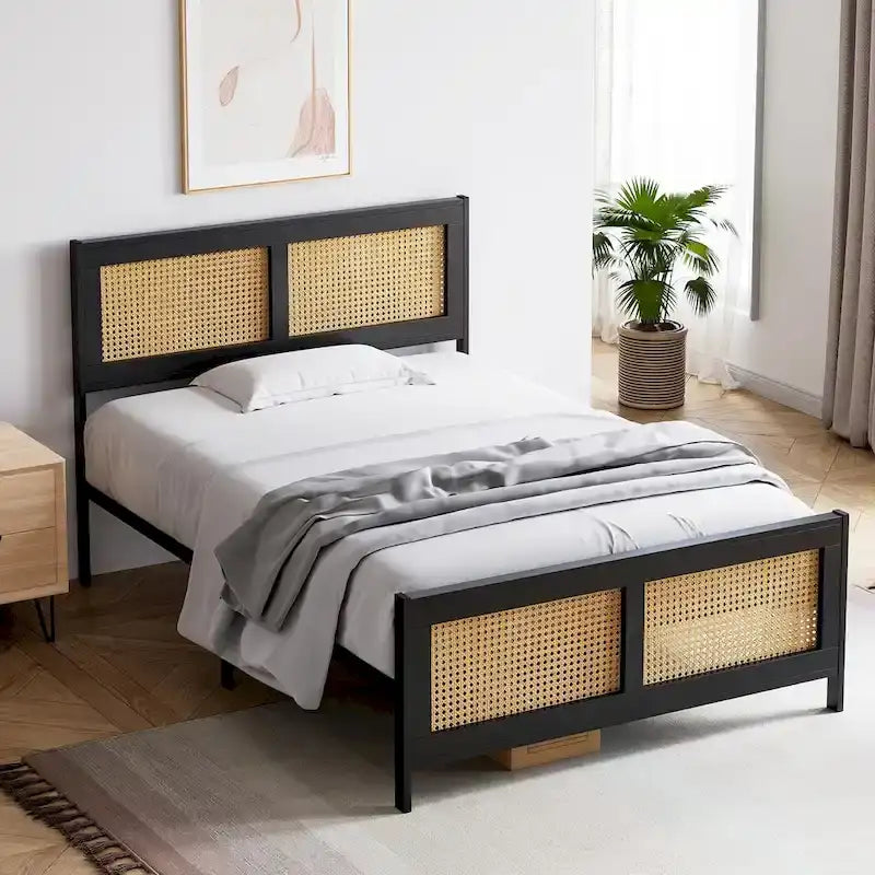Struttura letto con testiera e pediera in rattan