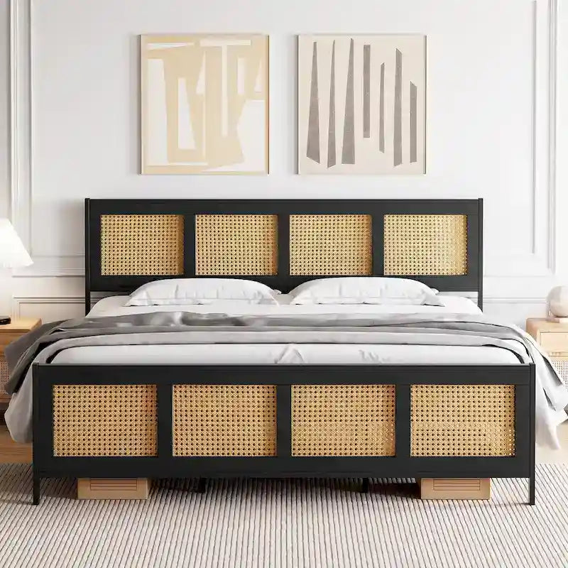 Struttura letto con testiera e pediera in rattan