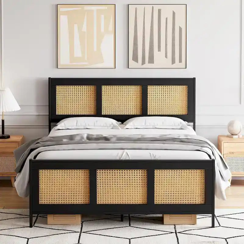 Struttura letto con testiera e pediera in rattan